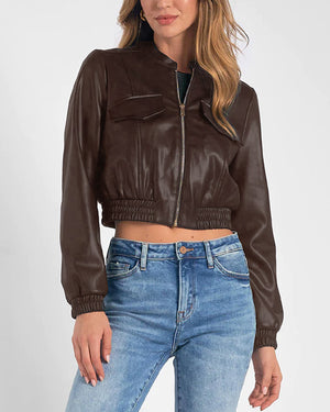 Elan Brown Faux Leather Crop Jacket