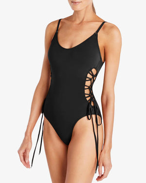 Robin Piccone Black Aubrey Lace Up One Piece