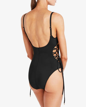 Robin Piccone Black Aubrey Lace Up One Piece alt view 1