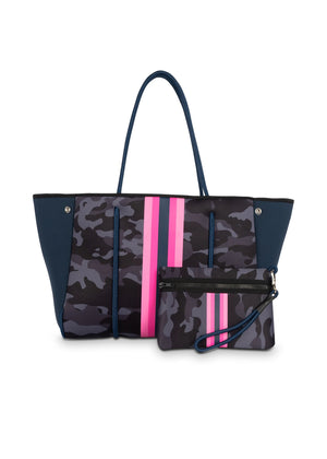 Haute Shore - Greyson Show-off Neoprene Tote Bag w/Zipper Wristlet Inside (Show-off, Camo Green w/Orange & Pink Stripe)