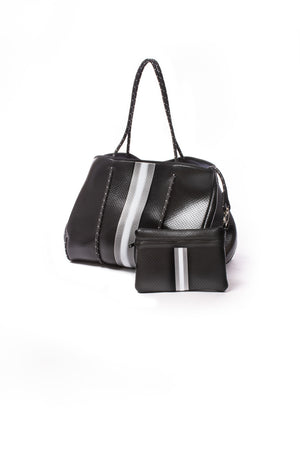 Haute Shore - Greyson Downtown Neoprene Tote Bag w/Zipper Wristlet Inside (Greyson, Black w/Grey & White Stripe)