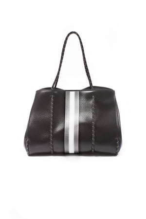 Haute Shore - Greyson Downtown Neoprene Tote Bag w/Zipper Wristlet Inside (Greyson, Black w/Grey & White Stripe) alt view 2