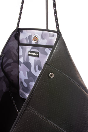Haute Shore - Greyson Downtown Neoprene Tote Bag w/Zipper Wristlet Inside (Greyson, Black w/Grey & White Stripe) alt view 5