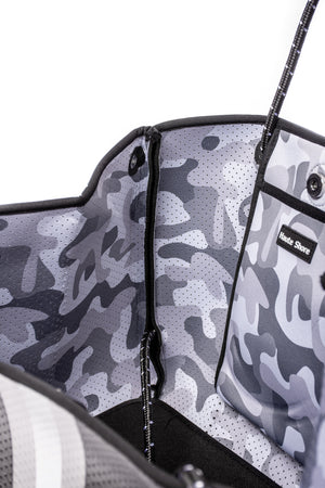 Haute Shore - Greyson Downtown Neoprene Tote Bag w/Zipper Wristlet Inside (Greyson, Black w/Grey & White Stripe) alt view 7