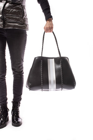 Haute Shore - Greyson Downtown Neoprene Tote Bag w/Zipper Wristlet Inside (Greyson, Black w/Grey & White Stripe) alt view 8