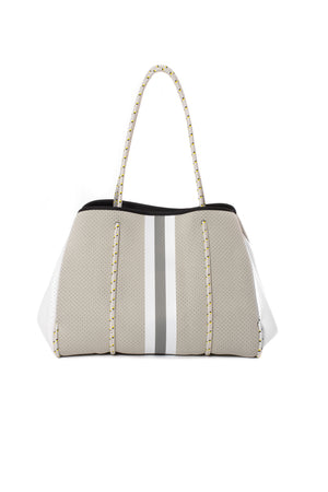 Haute Shore - Greyson Cruise Neoprene Tote Bag w/Zipper Wristlet Inside (Greyson, Silver w/Grey & White Stripe)