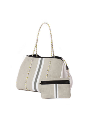 Haute Shore - Greyson Cruise Neoprene Tote Bag w/Zipper Wristlet Inside (Greyson, Silver w/Grey & White Stripe) alt view 3