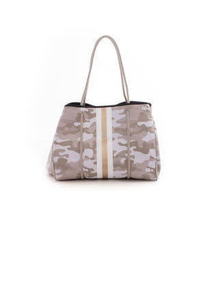 Haute Shore - Greyson Sahara Neoprene Tote Bag w/Zipper Wristlet Inside (Greyson, Beige Camo w/White & Rosegold Stripe)