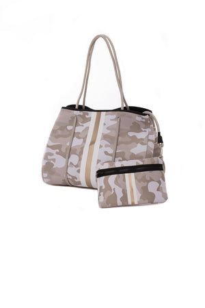 Haute Shore - Greyson Sahara Neoprene Tote Bag w/Zipper Wristlet Inside (Greyson, Beige Camo w/White & Rosegold Stripe) alt view 3
