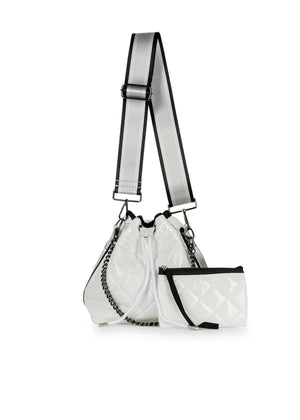 Haute Shore - Lindsey Blanc Puffer Bucket Bag (Lindsey, White Quilted Puffer w/Black, Silver, & White Striped Straps)