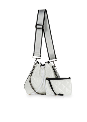 Haute Shore - Lindsey Blanc Puffer Bucket Bag (Lindsey, White Quilted Puffer w/Black, Silver, & White Striped Straps)