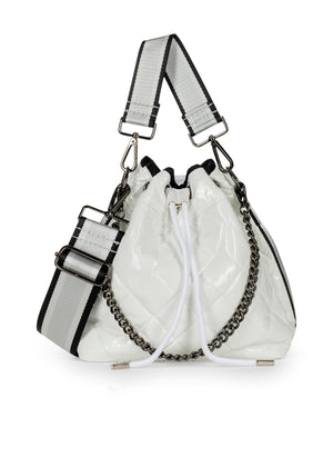 Haute Shore - Lindsey Blanc Puffer Bucket Bag (Lindsey, White Quilted Puffer w/Black, Silver, & White Striped Straps) alt view 1