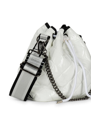 Haute Shore - Lindsey Blanc Puffer Bucket Bag (Lindsey, White Quilted Puffer w/Black, Silver, & White Striped Straps) alt view 2