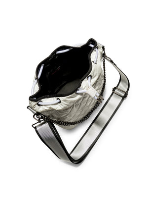 Haute Shore - Lindsey Blanc Puffer Bucket Bag (Lindsey, White Quilted Puffer w/Black, Silver, & White Striped Straps) alt view 4