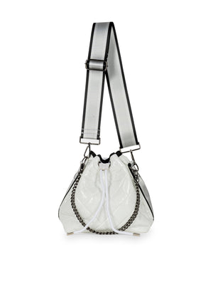 Haute Shore - Lindsey Blanc Puffer Bucket Bag (Lindsey, White Quilted Puffer w/Black, Silver, & White Striped Straps) alt view 5