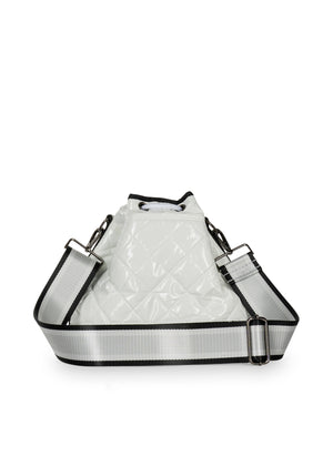 Haute Shore - Lindsey Blanc Puffer Bucket Bag (Lindsey, White Quilted Puffer w/Black, Silver, & White Striped Straps) alt view 6