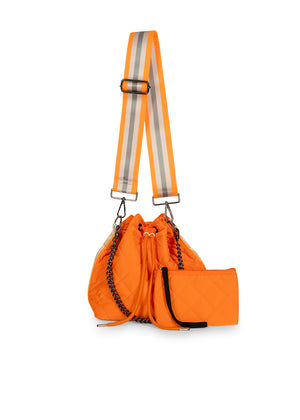Haute Shore - Lindsey Crush Puffer Bucket Bag (Lindsey, Orange Quilted Puffer w/Orange, Silver, & White Straps)