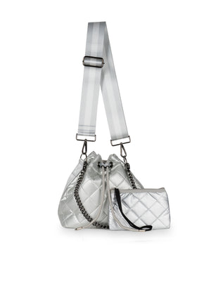 Haute Shore - Lindsey Vapor Puffer Bucket Bag (Lindsey, Silver Quilted Leatherette Puffer w/Silver & White Straps)