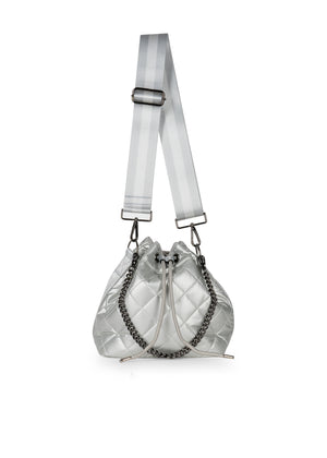Haute Shore - Lindsey Vapor Puffer Bucket Bag (Lindsey, Silver Quilted Leatherette Puffer w/Silver & White Straps) alt view 1