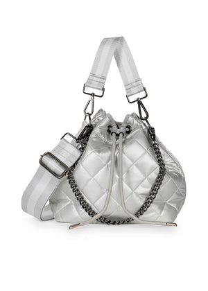 Haute Shore - Lindsey Vapor Puffer Bucket Bag (Lindsey, Silver Quilted Leatherette Puffer w/Silver & White Straps) alt view 2