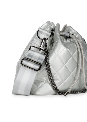 Haute Shore - Lindsey Vapor Puffer Bucket Bag (Lindsey, Silver Quilted Leatherette Puffer w/Silver & White Straps) alt view 3