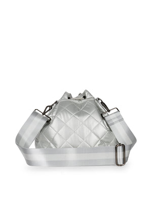 Haute Shore - Lindsey Vapor Puffer Bucket Bag (Lindsey, Silver Quilted Leatherette Puffer w/Silver & White Straps) alt view 5