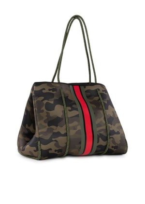 Haute Shore - Greyson Soho Neoprene Tote Bag w/Zipper Wristlet Inside (Green Camo w/Olive, Black, & Red Stripe) alt view 5