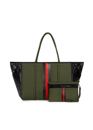 Haute Shore - Greyson Avenue Neoprene Tote Bag w/Zipper Wristlet Inside (Greyson, Army w/Black & Red Stripe)