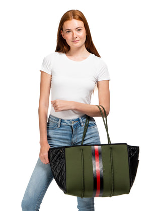 Haute Shore - Greyson Avenue Neoprene Tote Bag w/Zipper Wristlet Inside (Greyson, Army w/Black & Red Stripe) alt view 6