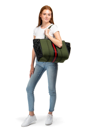 Haute Shore - Greyson Avenue Neoprene Tote Bag w/Zipper Wristlet Inside (Greyson, Army w/Black & Red Stripe) alt view 7