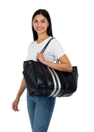 Haute Shore - Greyson Carbon Neoprene Tote Bag w/Zipper Wristlet Inside (Greyson, Black Coated w/Silver & Black Stripe) alt view 6