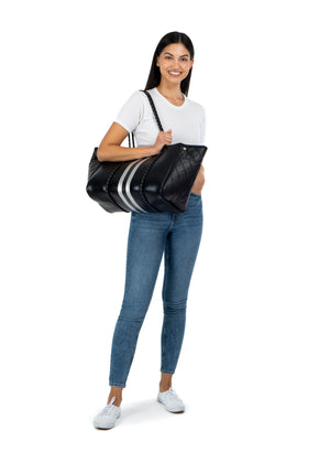 Haute Shore - Greyson Carbon Neoprene Tote Bag w/Zipper Wristlet Inside (Greyson, Black Coated w/Silver & Black Stripe) alt view 7