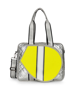 Haute Shore - Billie Amaze Tennis Bag (Billie, Silver Leatherette Puffer /Neon Yellow)